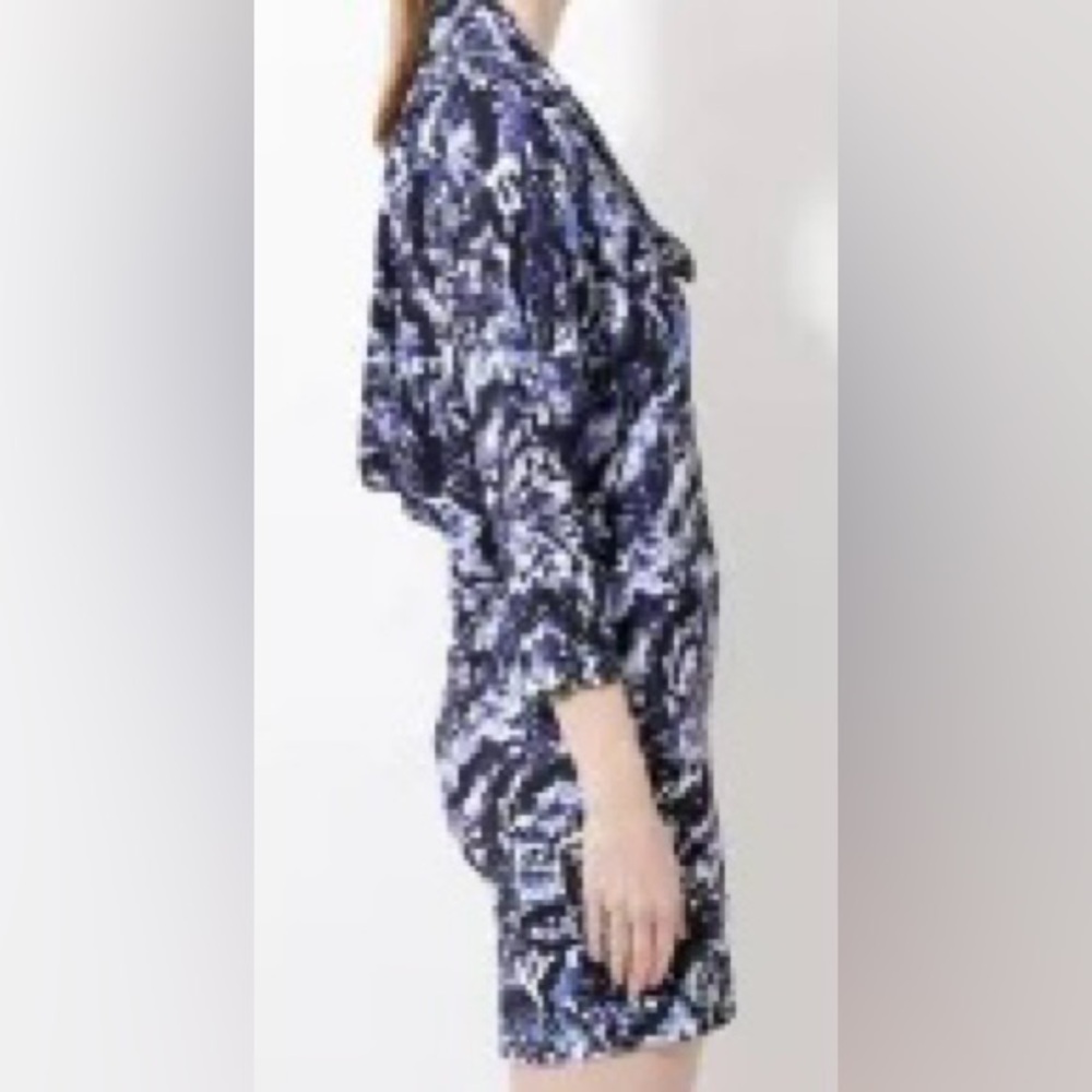 Balenciaga Paris flattering blue white & black draped jersey mini dress. Sz 36